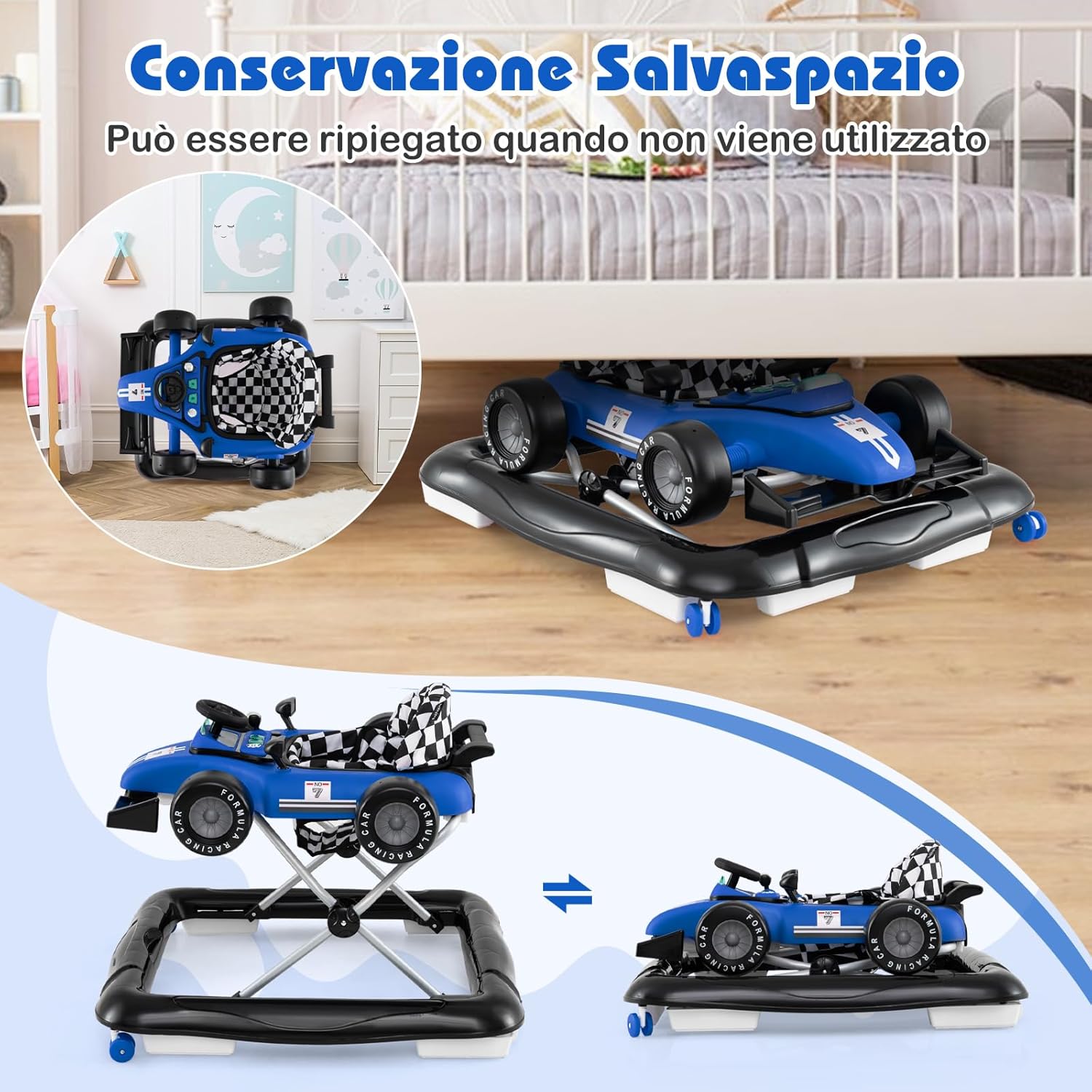 4 in 1 Girello per Bambini, Altezza Regolabile a 3 Livelli, Passeggino per Bambini, con Volante Imbottito e Scatola Musicale, Portata 12 kg, per Bambini 6-18 Mesi (Blu)