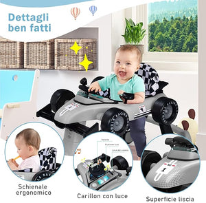 Girello per Bambini 4 in 1, Girello Pieghevole con Altezza e Velocità Regolabili, Carillon con Luci, Volante, Primi Passi per Bambini 6-18 Mesi, Portata 15 kg (Grigio)