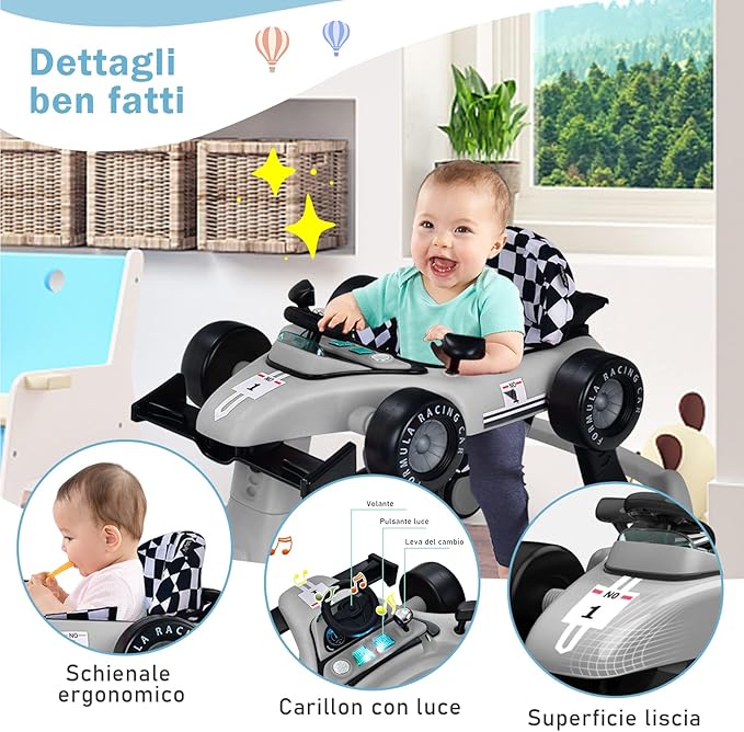 Girello per Bambini 4 in 1, Girello Pieghevole con Altezza e Velocità Regolabili, Carillon con Luci, Volante, Primi Passi per Bambini 6-18 Mesi, Portata 15 kg (Grigio)