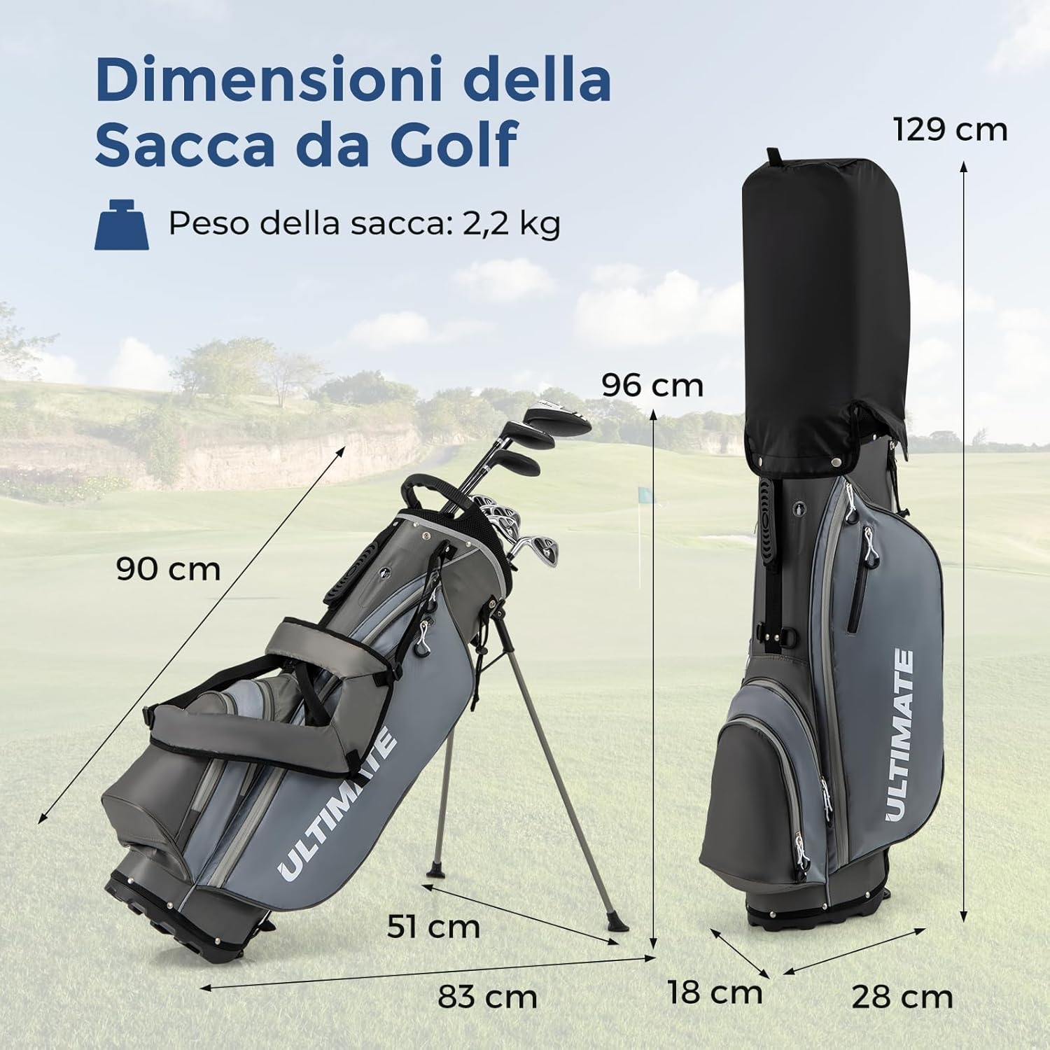 Set Completo di Mazze da Golf per Mancini da Uomo, Borsa Portatile con Supporto e Cappuccio Antipioggia, Include Driver 1 da 460CC, Fairway 3, Ibrido 4, Ferri 6, 7, 8, 9, P e Putter (Grigio)