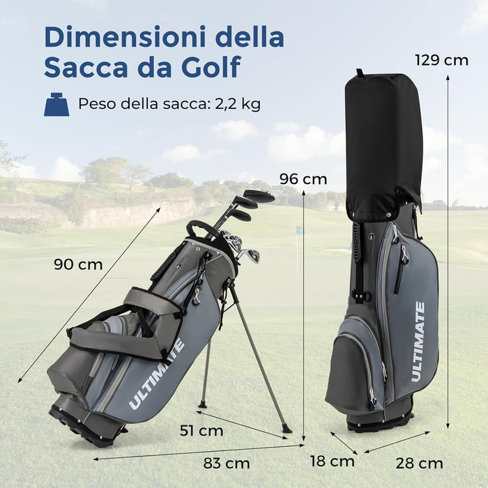 Set Completo di Mazze da Golf per Mancini da Uomo, Borsa Portatile con Supporto e Cappuccio Antipioggia, Include Driver 1 da 460CC, Fairway 3, Ibrido 4, Ferri 6, 7, 8, 9, P e Putter (Grigio)
