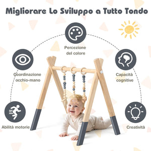Palestrina per Bambini, Palestrina con Giocattoli per Dentizione Sviluppo Cerebrale Stimolazione Sensoriale, Pieghevole, in Legno, per Bambini 3+ Mesi (Grigio)