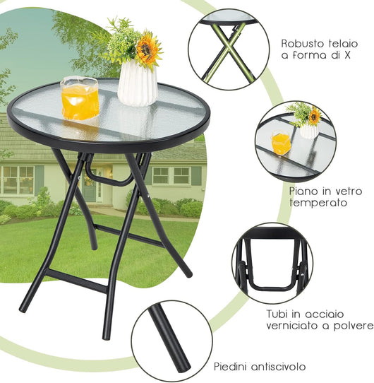 Tavolo Rotondo da Giardino, Tavolino Pieghevole e Portatile con Telaio Antiruggine con Superficie in Vetro, Tavolo da Esterno per Cortile, Giardino e Balcone, 46 x 47,5 cm