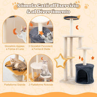 Tiragraffi per Gatti 128cm, Albero per Gatti da Interno, Torre Multi-Livello con Tiragraffi in Sisal, Gattiera, Piattaforma Superiore in Peluche e Giocattoli Appesi