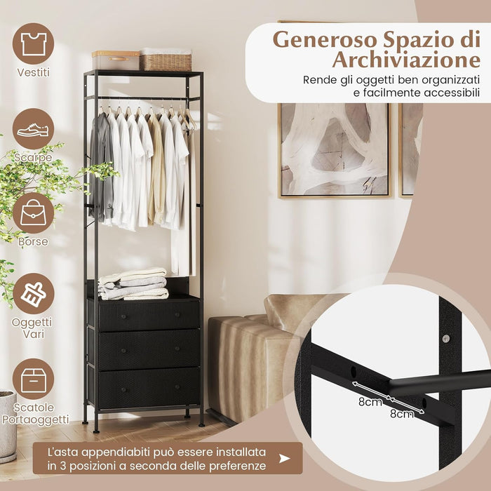 Appendiabiti con Cassetti in Tessuto, Armadio Autoportante con Asta Appendiabiti a 3 Posizioni e Ripiani di Stoccaggio, Ideale per Ingresso Camera da Letto, 55x28x176 cm (Nero)