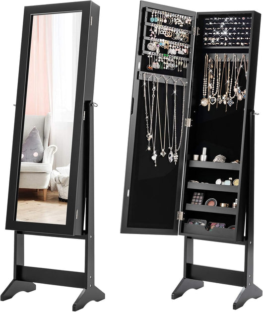 Specchio Portagioie da Terra, Armadietto Portagioie con Specchio a 3 Angoli, Organizer per Gioie Camera da Letto, 35 x 30 x 144 cm (Nero)