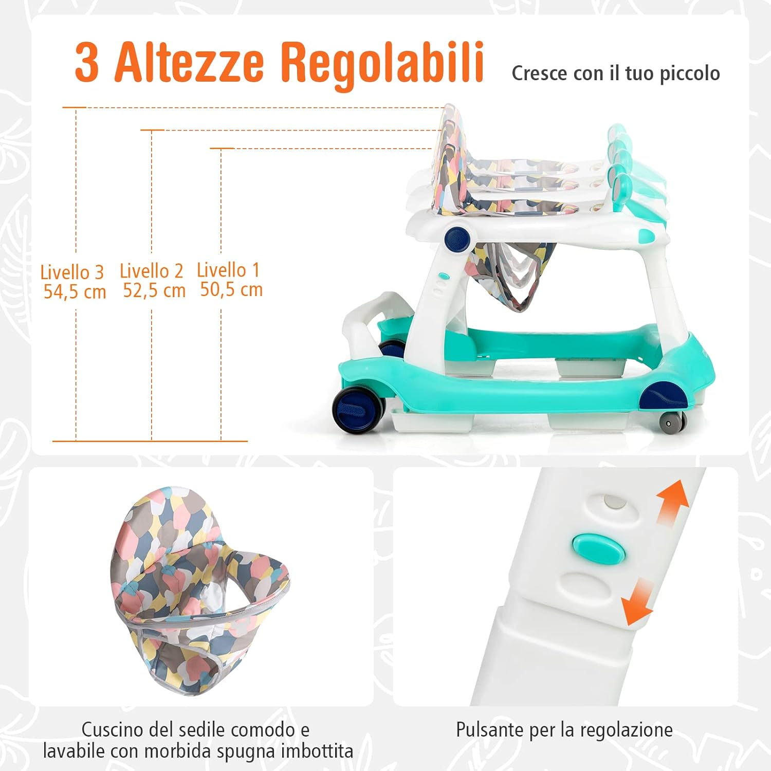 Girello per bambini 2 in 1, Girello con Altezza e Velocità Regolabili, Carillon con Luci e Cuscino Comodo, Primi Passi per Bambini 6-18 Mesi, Capacità di carico: 15 kg (Verde)