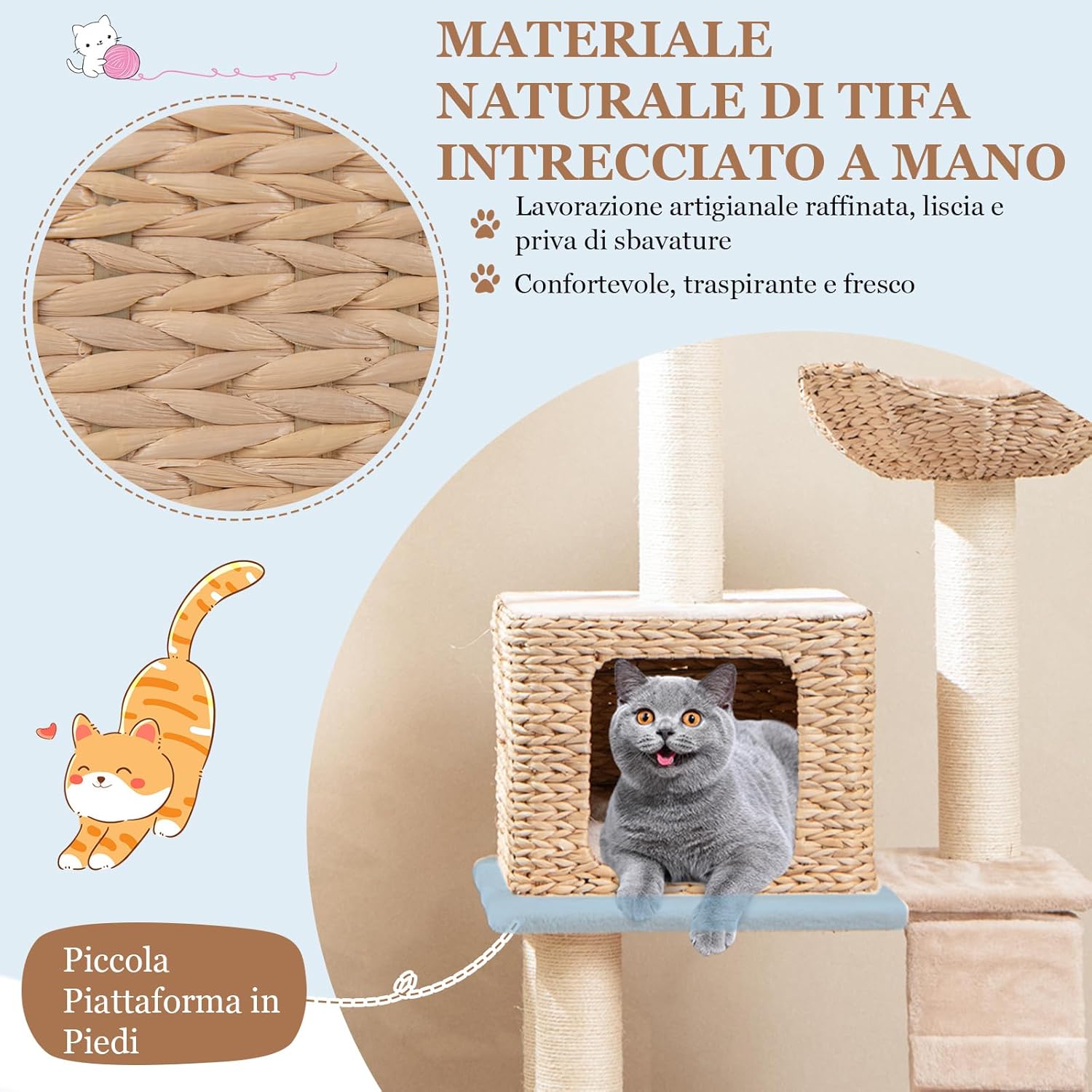 Tiragraffi per Gatti 122cm, Albero per Gatti con Posti per Graffiare in Sisal, Cuccia in Velluto a Coste, Scala e Cuscini Lavabili, Torre Cattail per Animali Domestici, Beige e Naturale
