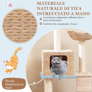 Tiragraffi per Gatti 122cm, Albero per Gatti con Posti per Graffiare in Sisal, Cuccia in Velluto a Coste, Scala e Cuscini Lavabili, Torre Cattail per Animali Domestici, Beige e Naturale