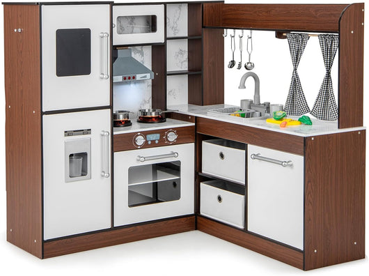 Set da Cucina Giocattolo in Legno, Cucina Giocattolo per Bambini con Accessori, Piano di Cottura con Luci e Suoni, Cucina Giocattolo per Divertimento ed Educazione, Età 3+ anni