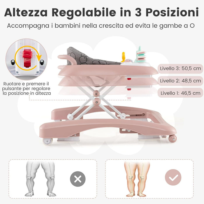 3 in 1 Girello per Bambini, Girello Pieghevole per Bambini, con 3 Altezze Regolabili, Sedile Imbottito e Piatto Giocattolo Rimovibile, Girello a Spinta con Ruote, per Bambini 6+ Mesi (Rosa)