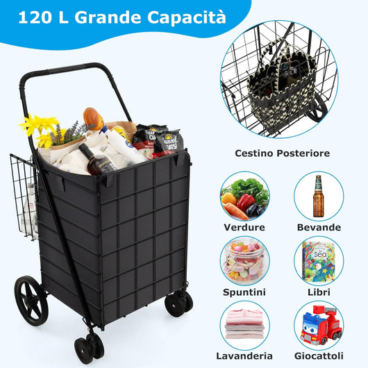 Carrello Portaspesa Pieghevole, Carrello Spesa con Ruote Girevoli a 360° e Borsa Impermeabile Removibile, Capacità di Carico 40 kg, 102L, 61 x 60 x 102 cm