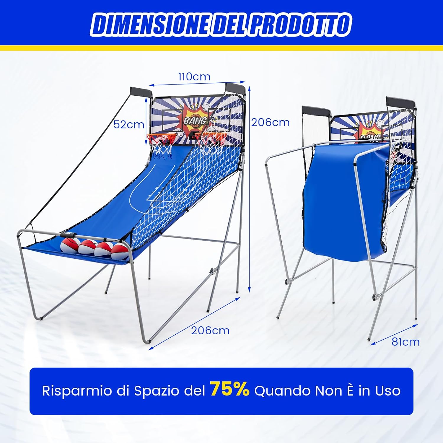 Macchina da Pallacanestro Elettronica Pieghevole, Gioco Arcade da Basket a Doppio Tiro per Casa con 8 Modalità di Gioco, Suono Arcade, Punteggio Elettronico, 4 Palloni e Pompa (Blu e bianco)