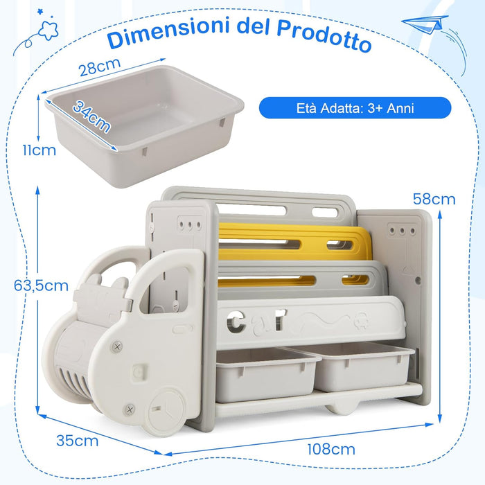 Scaffale per Giocattoli e Libri per Bambini, Libreria a Forma di Auto con 3 Ripiani 2 Scatole, Organizzatore Salvaspazio per Camera Stanza dei Giochi Asilo