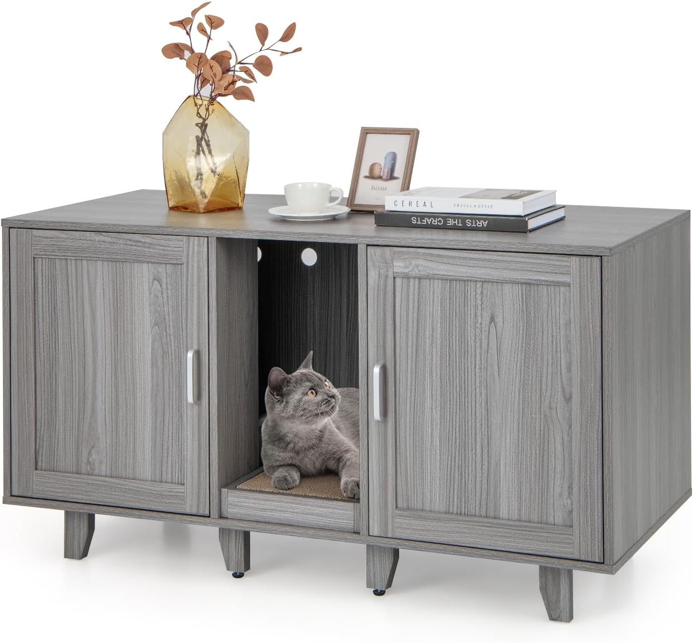 Mobile per Lettiera per Gatti 120 x 52 x 65 cm, Casetta per Gatti con 2 Ante, Fori, Tiragraffi e Gambe Staccabili, Mobile Versatile e Moderno per Salotto (Quercia grigia)