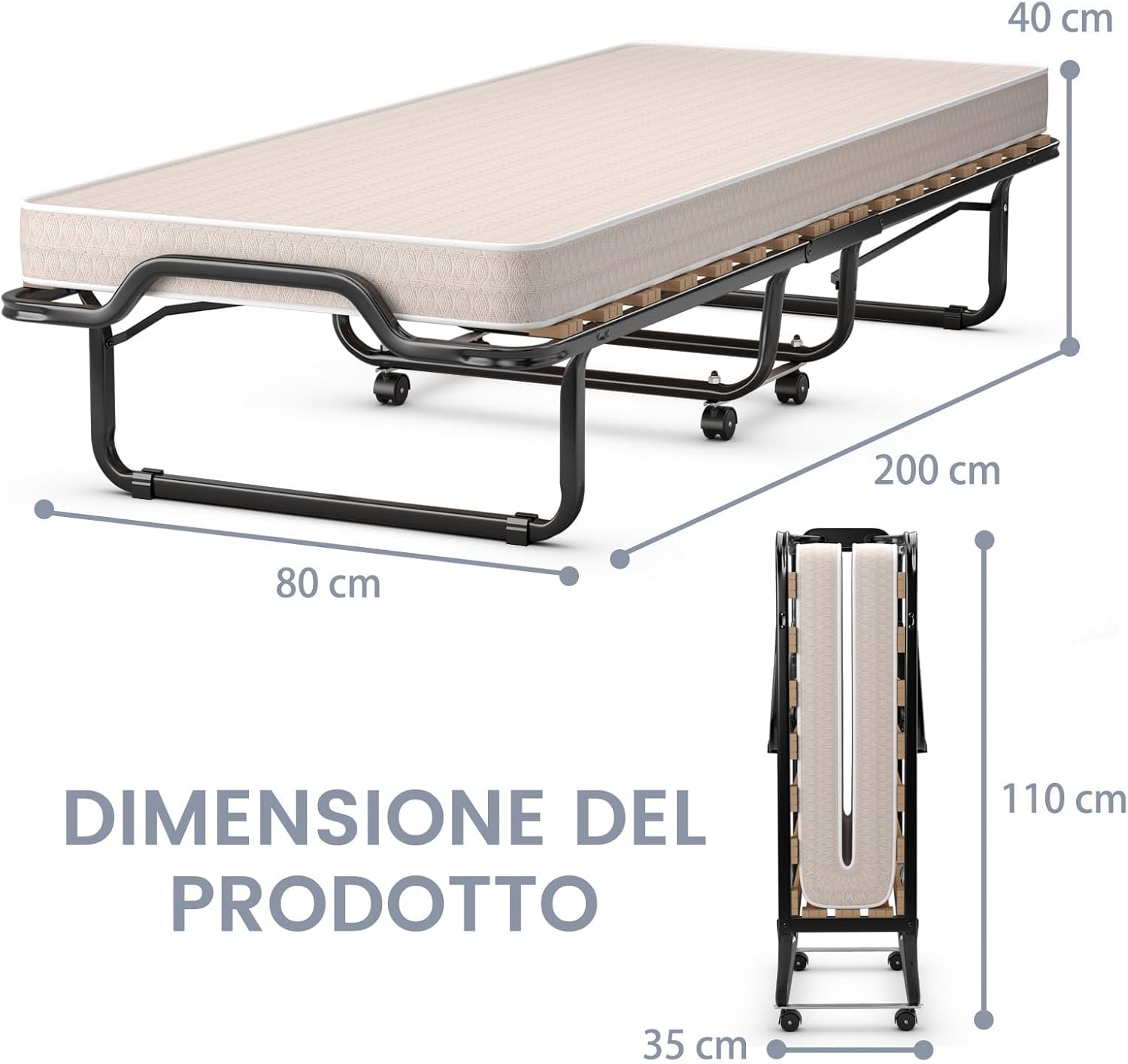Letto Brandina Pieghevole, con Materasso in Memory Foam, Struttura Resistente e 4 Ruote Girevoli, Lettino Pieghevole, 200 x 80 x 40cm, Made in Italy (Beige)