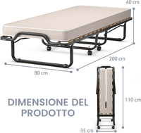 Letto Brandina Pieghevole, con Materasso in Memory Foam, Struttura Resistente e 4 Ruote Girevoli, Lettino Pieghevole, 200 x 80 x 40cm, Made in Italy (Beige)