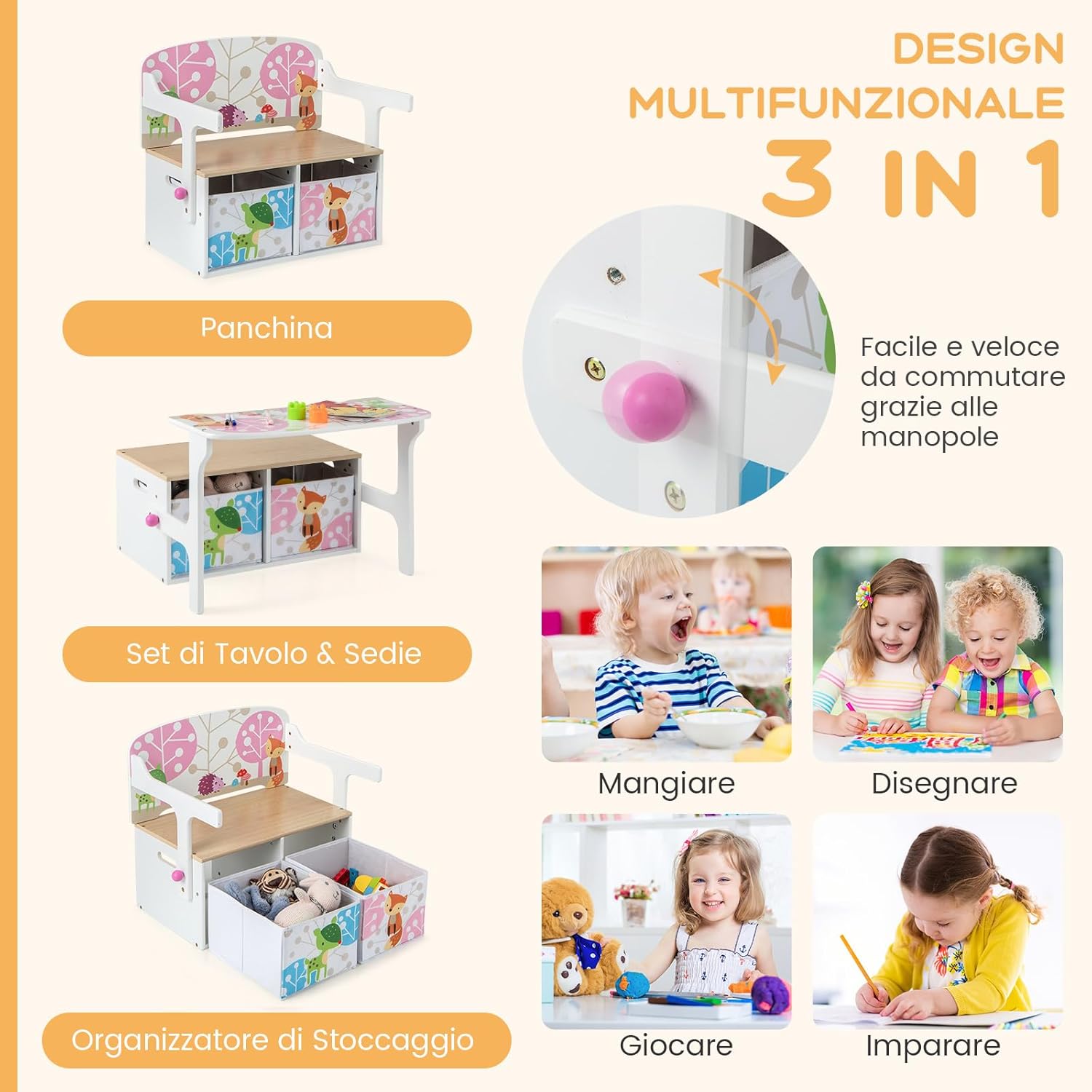 Cassapanca Contenitore 3 in 1 per Bambini Trasformabile in Legno con 2 Cassetti in Tessuto, Tavolo bambini con Sedie Multifunzione, Scatola dei Giocattoli per 3-7 Anni (Bianco)
