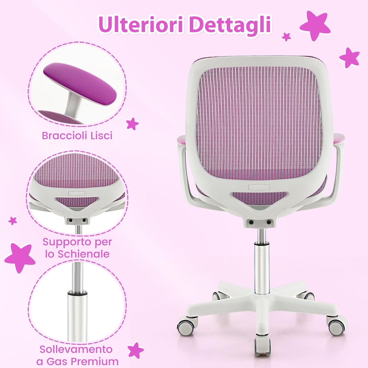 Sedia da Scrivania per Bambini, Sedia Girevole per Computer con Altezza Regolabile, Ruote con Freno, Braccioli Morbidi, Mobile Ergonomica per Bambini 6-15 Anni (Viola)