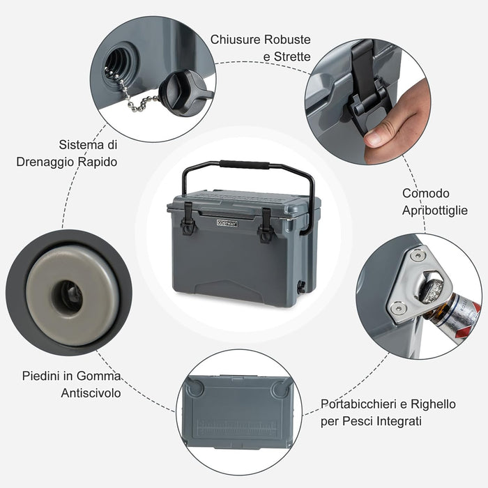Frigorifero Portatile da 21 Litri, Frigorifero da Campeggio con Portabicchieri Integrati, Regolo e Apribottiglie, Freddo Fino 5-7 Giorni, per Barbecue, Campeggio, Picnic, Pesca