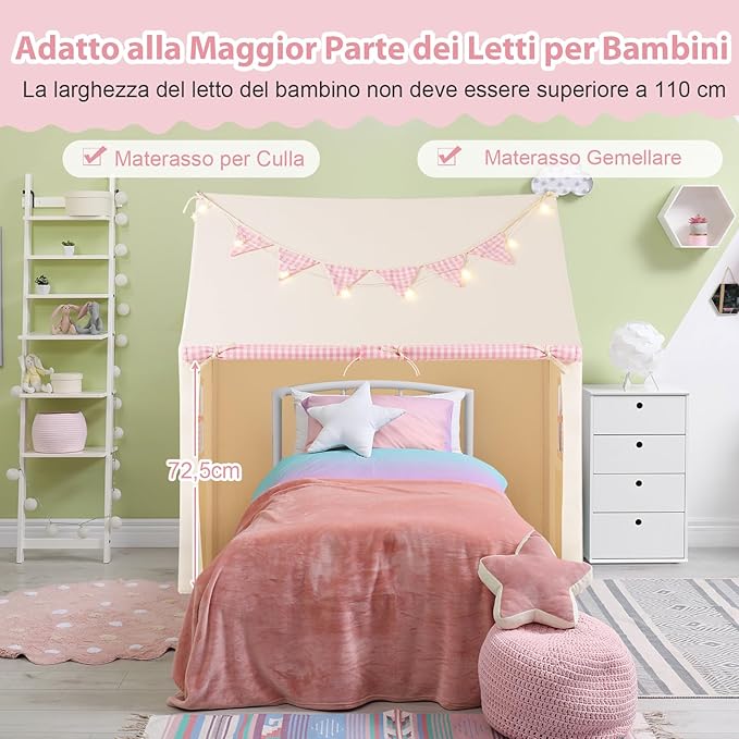 Tenda da Gioco per Bambini, Casetta Tenda da Gioco con Tappetino Imbottito, 2 Finestre Traspiranti e 2 Tasche, Luci a Stella e Bandierine Incluse, Tenda per Bambini 3-8 Anni (Rosa)