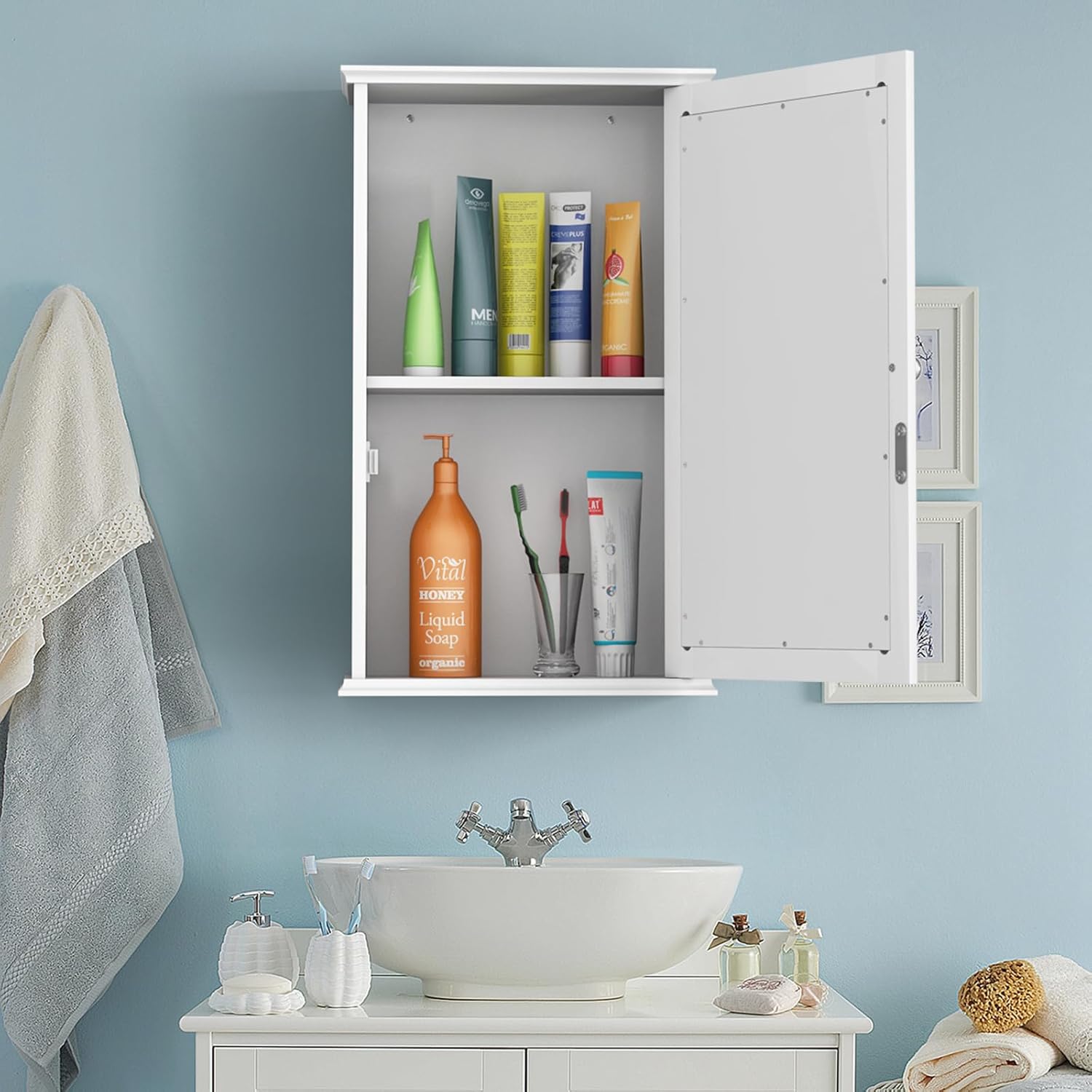 Armadio a Specchio da Bagno a 2 Ripiani, Armadietto Mobiletto per Bagno da Muro, Mensola Regolabile, 34 x 15 x 51cm (Bianco)