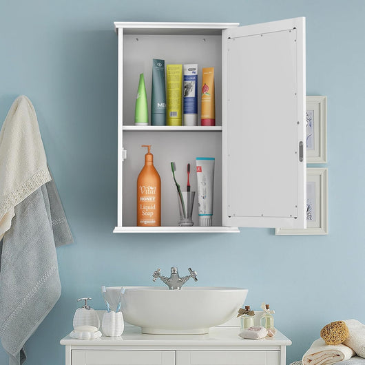 Armadio a Specchio da Bagno a 2 Ripiani, Armadietto Mobiletto per Bagno da Muro, Mensola Regolabile, 34 x 15 x 51cm (Bianco)