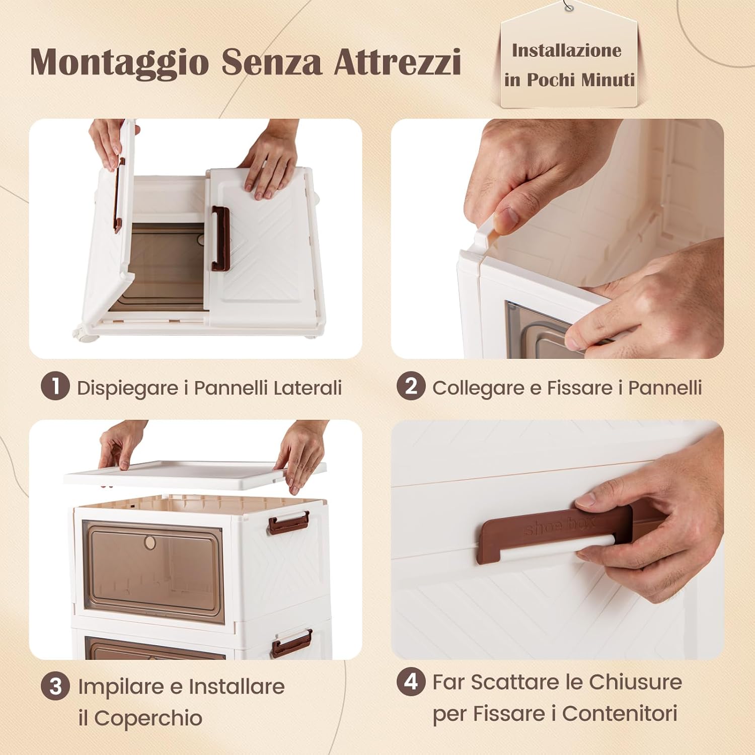 Set da 3 Contenitori Impilabili, Scatole Pieghevoli da 75/105 L con Ruote Bloccabili Porta e Coperchio, Organizzatori per Armadio, Multiuso per Casa Dormitorio (41 x 31,5 x 72,5 cm)