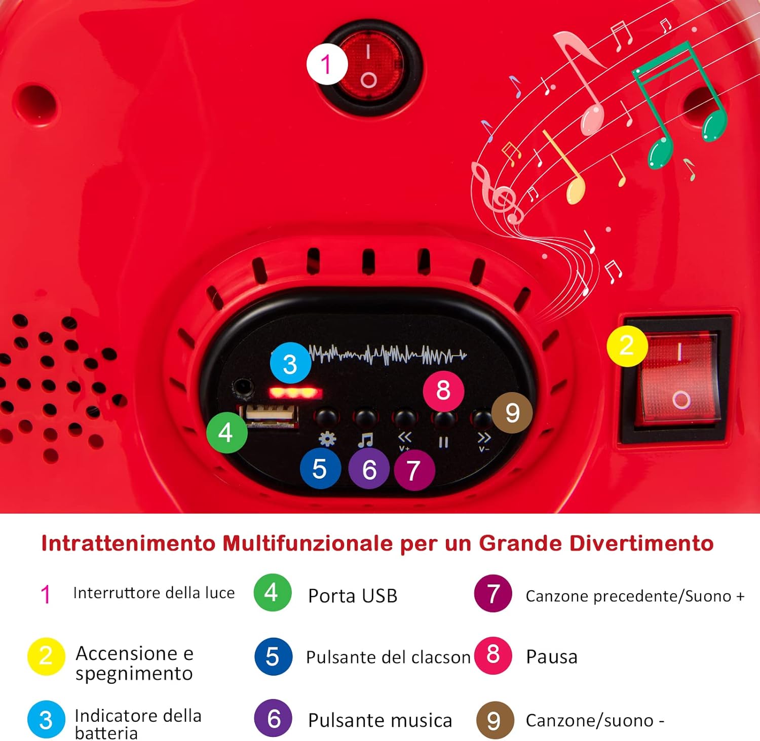 6V Autoscontro Elettrico per Bambini, Veicolo Elettrico con Telecomando, Girevole a 360°, Luci LED Colorate e Cintura di Sicurezza Regolabile, 37-95 Mesi (Rosso)