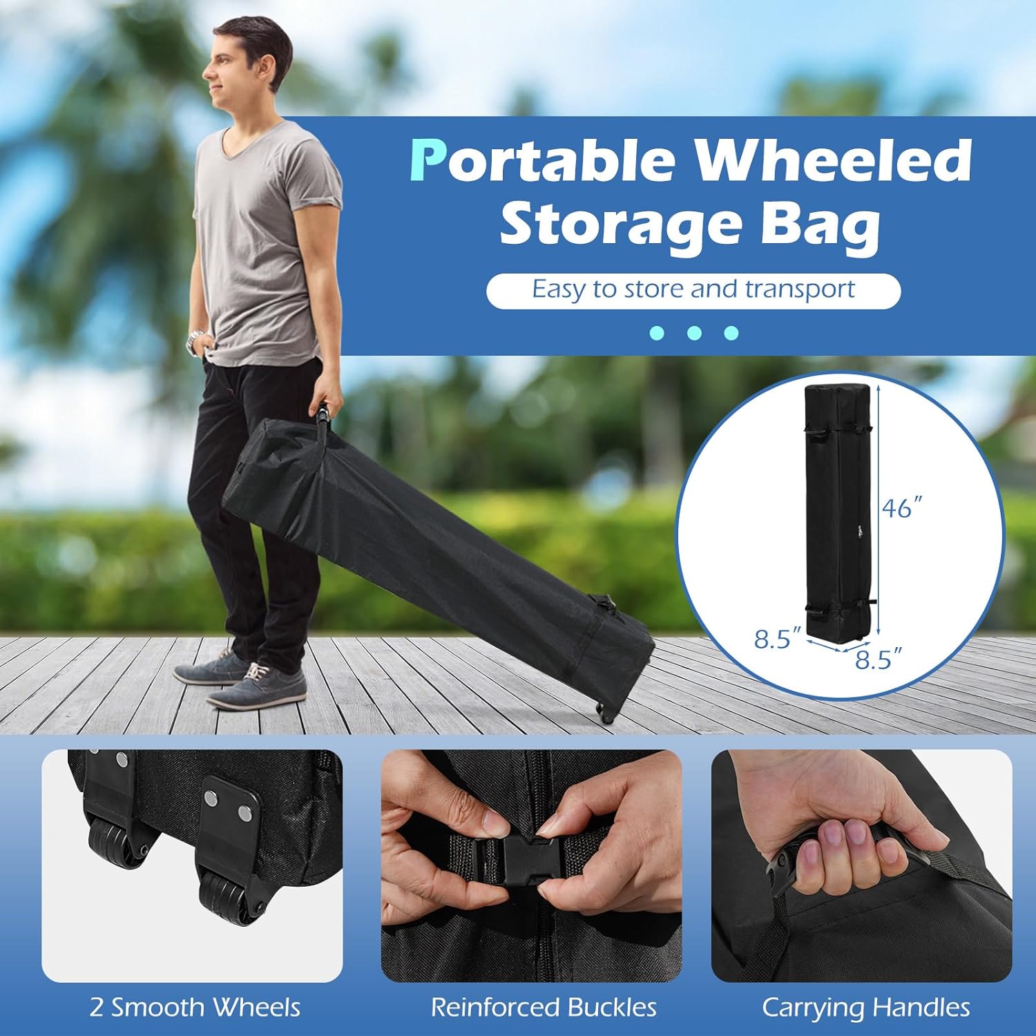 Gazebo Piehevole da Esterno 3 x 3 m, Gazebo Regolabile in Altezza con Pareti Rimovibili, Borsa con Ruote, Picchetti, Ancoraggi, Corde Vento e Sacchi di Sabbia, Tendone per Giardino (Bianco)