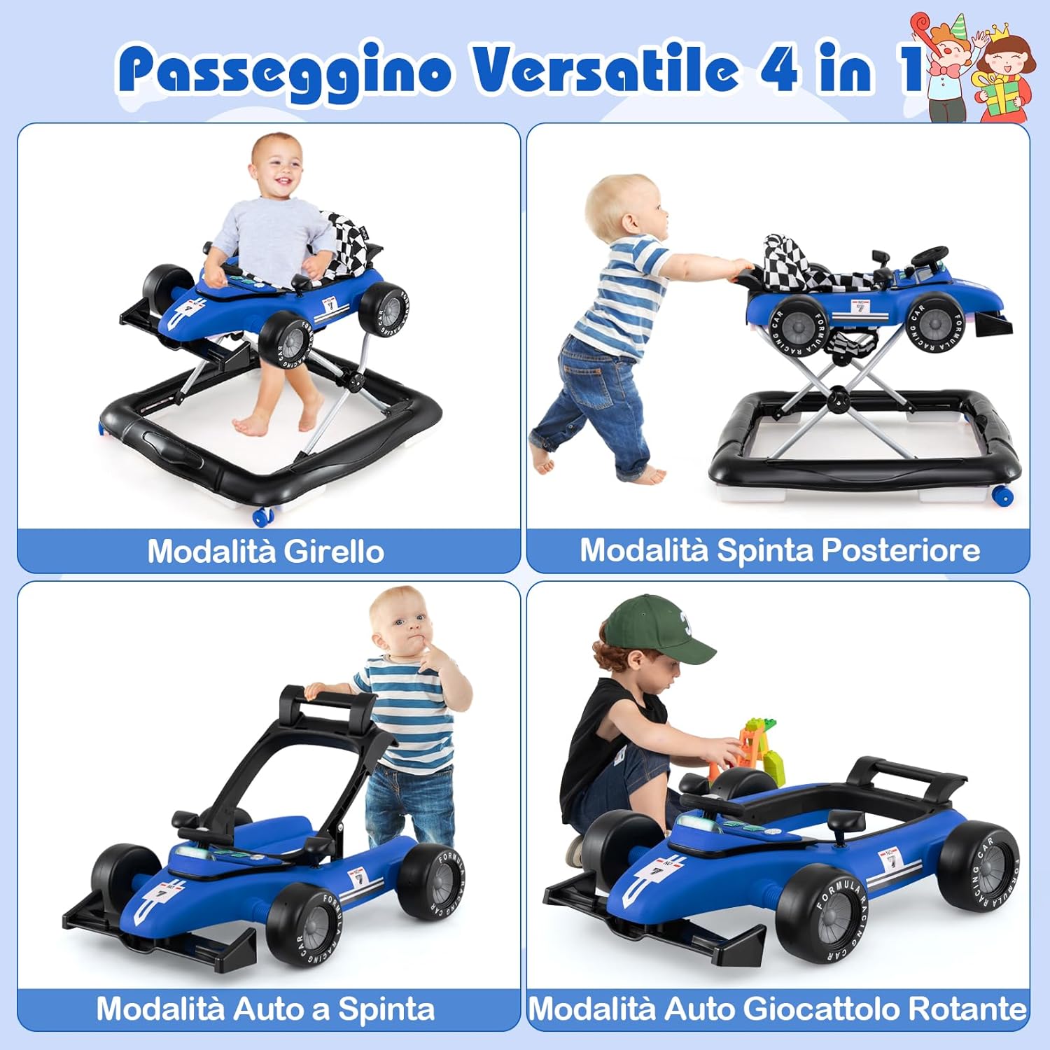 4 in 1 Girello per Bambini, Altezza Regolabile a 3 Livelli, Passeggino per Bambini, con Volante Imbottito e Scatola Musicale, Portata 12 kg, per Bambini 6-18 Mesi (Blu)