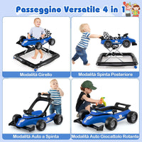 4 in 1 Girello per Bambini, Altezza Regolabile a 3 Livelli, Passeggino per Bambini, con Volante Imbottito e Scatola Musicale, Portata 12 kg, per Bambini 6-18 Mesi (Blu)