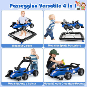 4 in 1 Girello per Bambini, Altezza Regolabile a 3 Livelli, Passeggino per Bambini, con Volante Imbottito e Scatola Musicale, Portata 12 kg, per Bambini 6-18 Mesi (Blu)