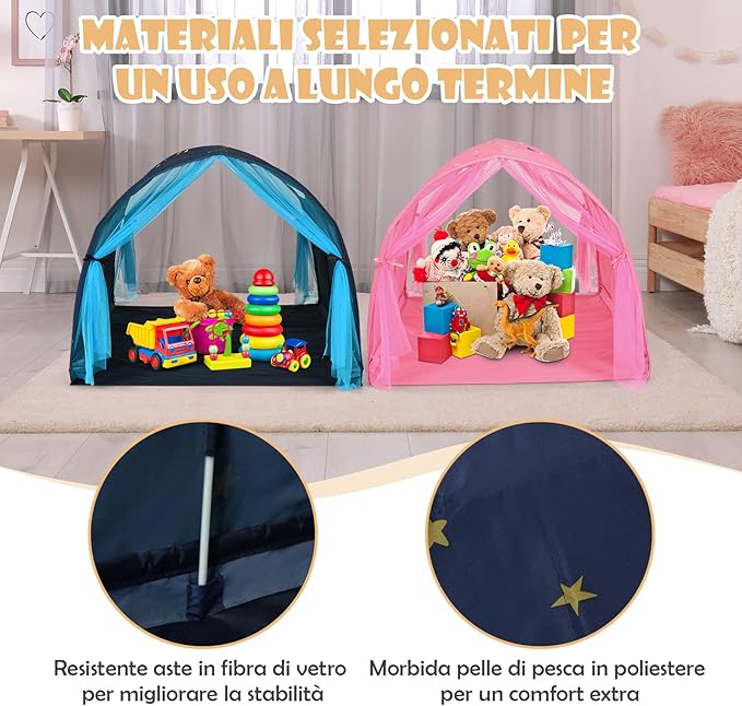 Tenda da Gioco per Bambini, Tenda per Letto con Borsa di Trasporto, Casetta per Bambini Portatile, per Camera da Letto Salone Giochi, 144 x 102 x 82 cm (Blu)