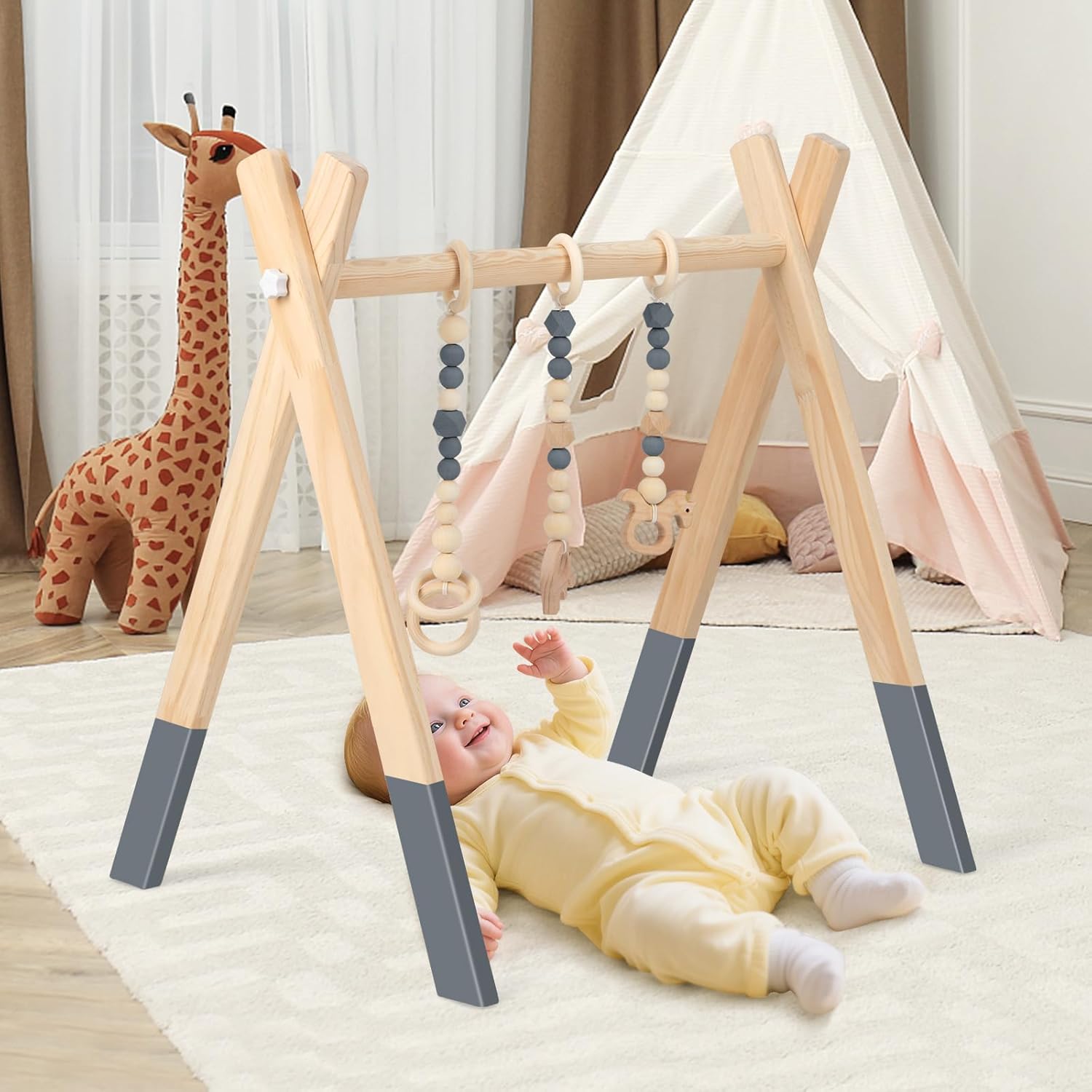 Palestrina per Bambini, Palestrina con Giocattoli per Dentizione Sviluppo Cerebrale Stimolazione Sensoriale, Pieghevole, in Legno, per Bambini 3+ Mesi (Grigio)