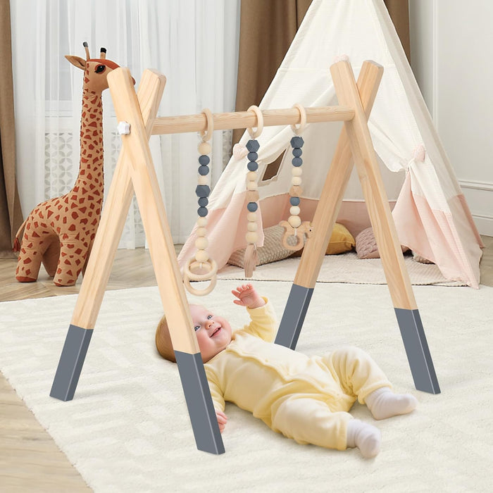 Palestrina per Bambini, Palestrina con Giocattoli per Dentizione Sviluppo Cerebrale Stimolazione Sensoriale, Pieghevole, in Legno, per Bambini 3+ Mesi (Grigio)