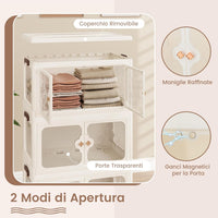 Scatole Immagazzinaggio Impilabili e Pieghevole con Ruote, Armadietto a 3 Ripiani con Ante e Coperchio, Contenitore Trasparente per Camera da Letto e Soggiorno, Bianco (59,5 x 35,5 x 99 cm)