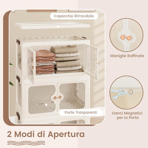 Scatole Immagazzinaggio Impilabili e Pieghevole con Ruote, Armadietto a 3 Ripiani con Ante e Coperchio, Contenitore Trasparente per Camera da Letto e Soggiorno, Bianco (59,5 x 35,5 x 99 cm)