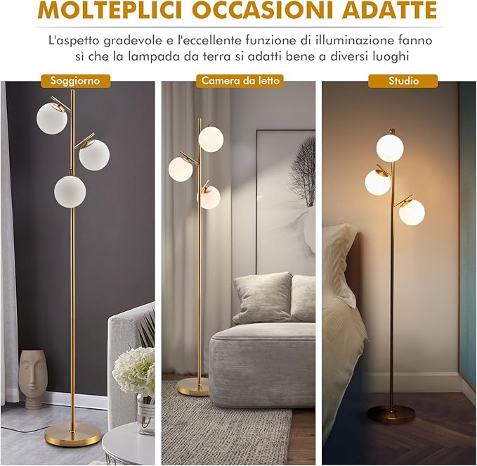 Lampada da Terra a 3 Globi, Lampada a Stelo Moderna con Comodo Interruttore a Pedale, 3 Basi per Lampadine e Robusto Palo in Metallo, Ideale per Salotto, Camera da Letto e Studio