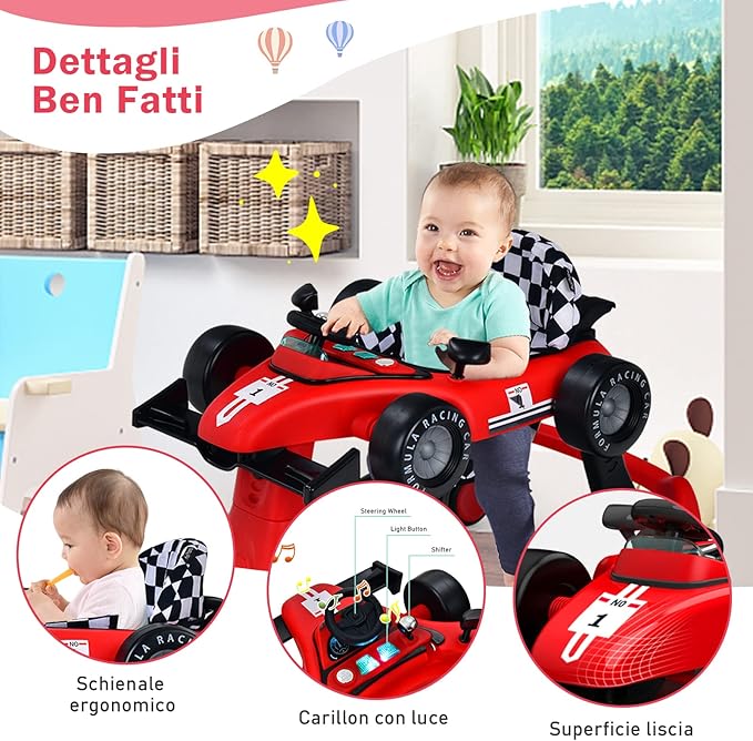Girello per Bambini 4 in 1, Girello Pieghevole con Altezza e Velocità Regolabili, Carillon con Luci, Volante, Primi Passi per Bambini 6-18 Mesi, Portata 15 kg (Rosso)