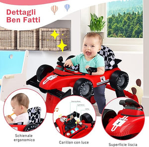Girello per Bambini 4 in 1, Girello Pieghevole con Altezza e Velocità Regolabili, Carillon con Luci, Volante, Primi Passi per Bambini 6-18 Mesi, Portata 15 kg (Rosso)