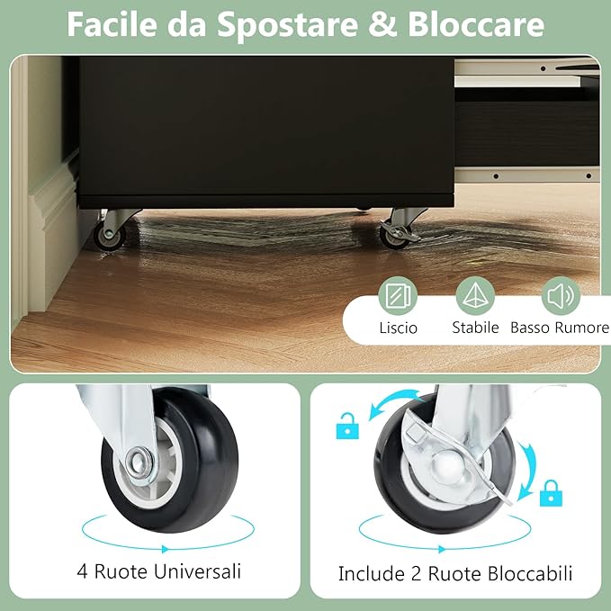 Cassettiera da Ufficio con 5 Cassetti e Ruote, Mobiletto Multiuso per Documenti e Cosmetici, Comodino con Ruote per Camera da letto, Studio, Ufficio e Soggiorno (Nero)