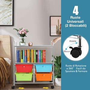 Carrello con 4 Cassetti e 2 Ripiani, Carrello Portaoggetti con Ruote per Cucina Bagno Ufficio, Multiuso, 58,5x37x75 cm (Colorato 2)