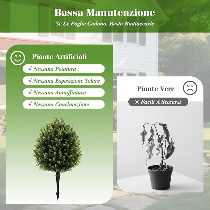 Set di Alberi Sferici Artificiali di Cipresso 61 cm, 2 Pezzi di Arbusti Finti di Cedro con Picchetto per Terreno, Piante Ornamentali Finte Resistenti al Sole per Decorazione Interna & Esterna