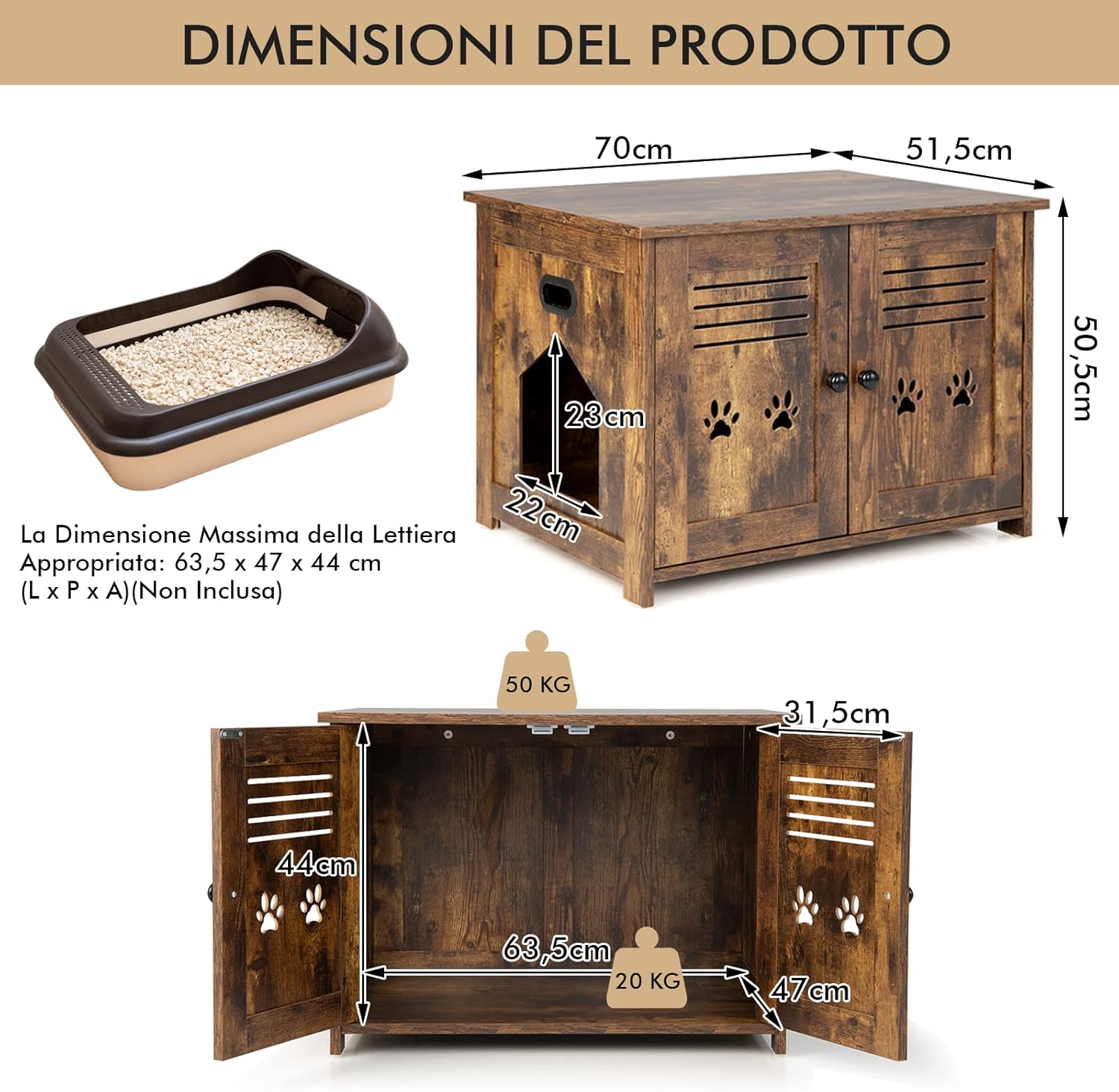 Mobile per Lettiera Gatti, con Doppie Porte a Feritoia, Ingresso Laterale, Cuccia e Toilette, Mobiletto Multiuso per Ingresso e Soggiorno, Portata 50 kg, 70 x 52 x 51 cm