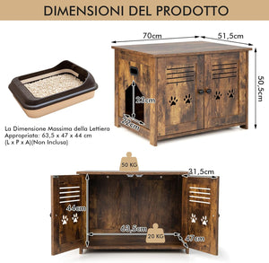 Mobile per Lettiera Gatti, con Doppie Porte a Feritoia, Ingresso Laterale, Cuccia e Toilette, Mobiletto Multiuso per Ingresso e Soggiorno, Portata 50 kg, 70 x 52 x 51 cm