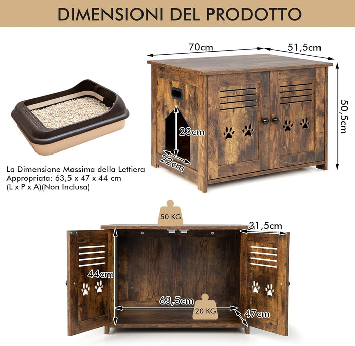 Mobile per Lettiera Gatti, con Doppie Porte a Feritoia, Ingresso Laterale, Cuccia e Toilette, Mobiletto Multiuso per Ingresso e Soggiorno, Portata 50 kg, 70 x 52 x 51 cm