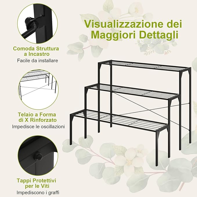 Scaffale Portafiori a 3 Ripiani, Porta Piante da Esterno e Interno a Scala, Scaffale Porta Vasi di Metallo per Balcone, Soggiorno e Giardino