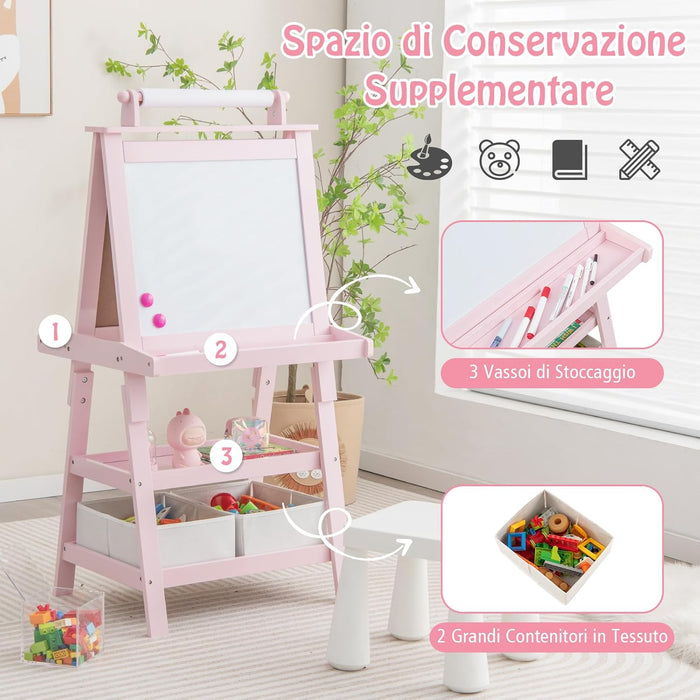 3 in 1 Cavalletto per Bambini con Doppia Faccia, Cavalletto per Disegno con 2 Vassoi e 2 Scatole, Lavagna Bambini in Legno (Rosa)