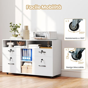 Armadietto Portadocumenti, Mobile da Ufficio Laterale con 4 Cassetti Adatto per File Formato A4/Lettera e 5 Ruote Universali Bloccabili, Credenza in Metallo per Scrivania (Bianco)